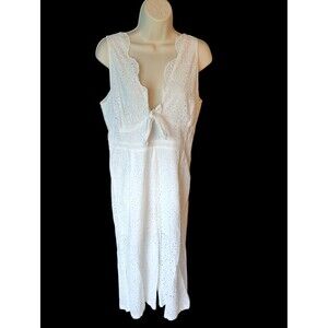 Davi & Dani White Cotton Eyelet Jumpsuit - Sleeveless Tie-Front Boho - Size L